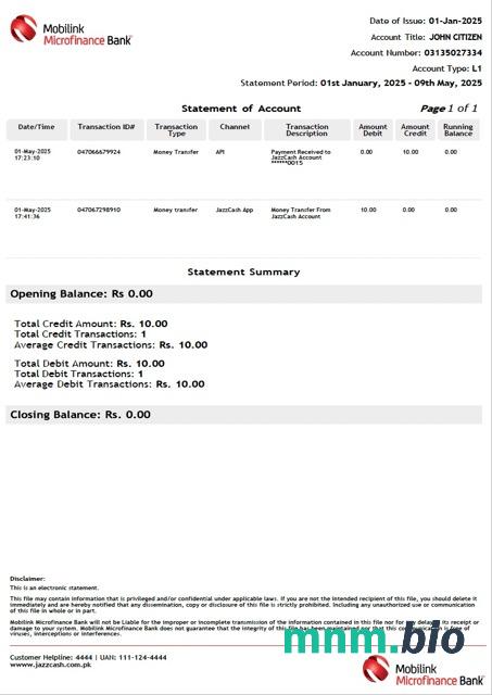 Pakistan Mobilink mikrofinansowy wyciąg bankowy z konta Word i szablon PDF, Wersja 2